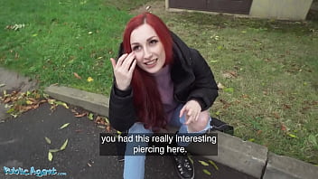 Ginger British Public Agent Flashes Her Pierced Tits Before Getting Filled In The Basement